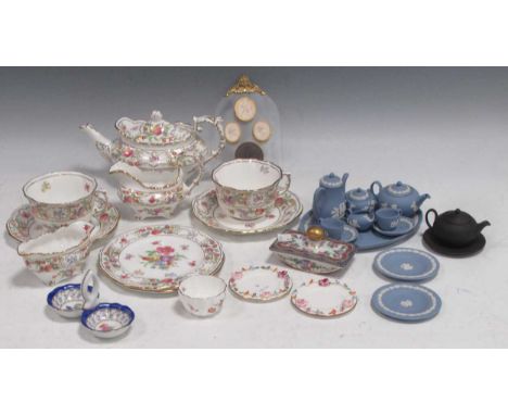 Dolls house A Wedgwood Jasperware doll's house tea service, white on blue ground, together with a black basaltware teapot on 