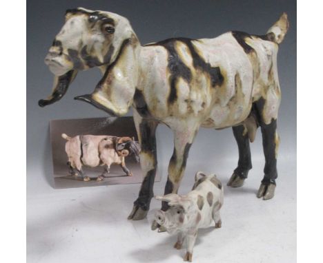 Elaine Peto - ceramic goat 42cm wide, and smaller model pig (2)One or two firing anomalies but in good condition