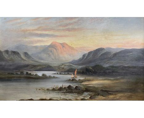 English School (19th century) A sunset river landscape with mountains beyond, oil on canvas, signed lower right 'B Parkyn', 3