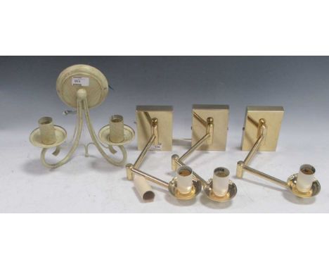 A set of three single lamp wall lights, together with one white painted 2 branch wall light