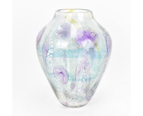 Siddy Langley - A contemporary studio glass vase of tapered form in light turquoise with speckled detail, white dotted trails