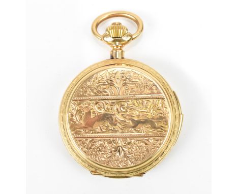 A late 19th/early 20th century Swiss 18ct gold full hunter minute repeater pocket watch, the case heavily engraved with hunti