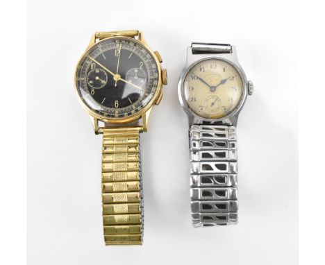 A 1950s Princeps, chronograph, manual wind, gents 18ct gold wristwatch, having a black dial with centre seconds and two subsi