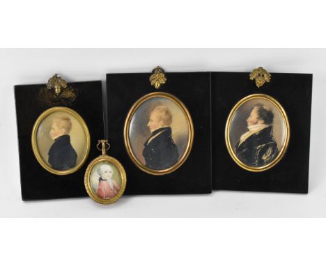 A collection of three early 19th century portrait miniatures on card, depicting a boy, a young gentleman and an older one, ea