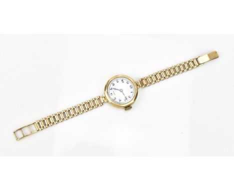 A Dimra, early 20th century, manual wind, ladies 9ct gold wristwatch, the white enamel dial having Arabic numerals with blued