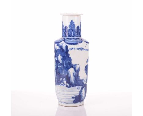 A Chinese blue and white porcelain rouleau form vase, early 20th century, the neck painted with stiff leaves above the should