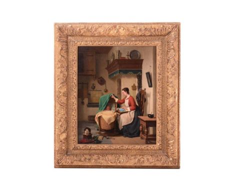 Charles Joseph Grips (Belgian, 1825 – 1920) “Tending to her baby”, signed, oil on panel, 37cm x 29.5cm, in a giltwood frame, 