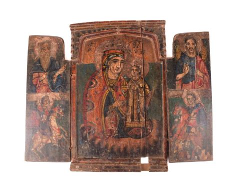 A Greek Orthodox painted triptych icon, the central panel depicting The Madonna and Child, the doors showing St George, St. D