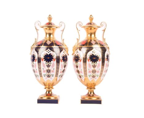 Two matching large Royal Crown Derby "Old Imari"  two handled ovoid urns and covers (partially boxed) one marked as a second 