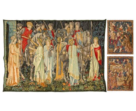 Machine tapestry reproduction of Edward Burne-Jones's The Quest for the Holy Grail and two smaller machine tapestries of simi
