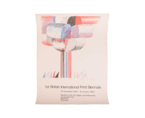 A pencil-signed David Hockney exhibition poster for the '1st British International Print Biennale 1968-1969', held at the Bra