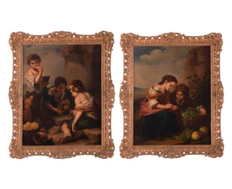 After Bartolomé Esteban Murillo (1618 - 1682), The Dice Players and The Little Fruitseller, oil on canvas, 41 x 32 cm, in orn