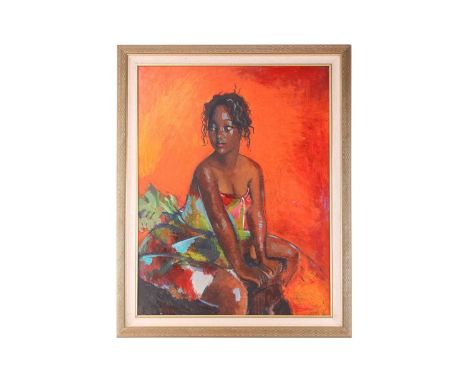 Boscoe Holder (1921-2007) Trinidad, 'Tie Dye Sarong', signed and dated 1993, oil on board, image 90 cm x 69 cm, frame 106 cm 