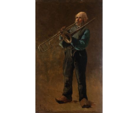 PORTRAIT OF A BELGIUM TROMBONE PLAYERSigned and dated l.l 'P. J. Neuckens `81'Oil on boardImage size: 33 x 20cm. (13 x 8in.)F