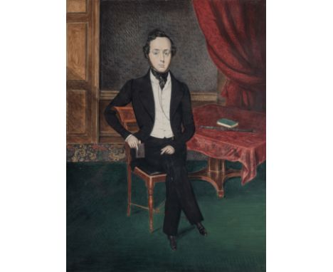 PORTRAIT OF JAMES MARSHALL, EDINBURGH, WITH HIS FLUTE ON THE TABLEWatercolour and gouache with pencil on paperImage size: 46 