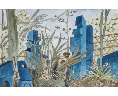 THE GARDEN OF BARBARA HEPWORTH'S STUDIO, ST IVESSigned and dated l.r. 'Gertrude Markin 1986'Watercolour and gouacheImage size