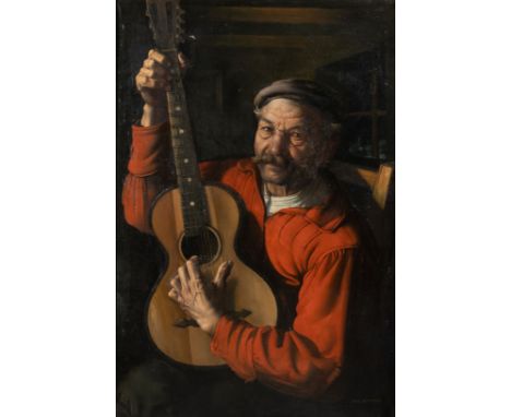 PORTRAIT OF A MAN PLAYING A GUITARSigned l.r. 'Jan Zamoyski'Oil on canvasImage size: 100 x 67cm. (39½ x 26¼in.)Framed size: 1