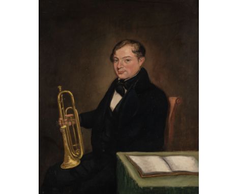 PORTRAIT OF A TRUMPETER HOLDING A RARE MODEL OF A SLIDE TRUMPETOil on canvasImage size: 60 x 48cm. (23½ x 19in.)Framed size: 