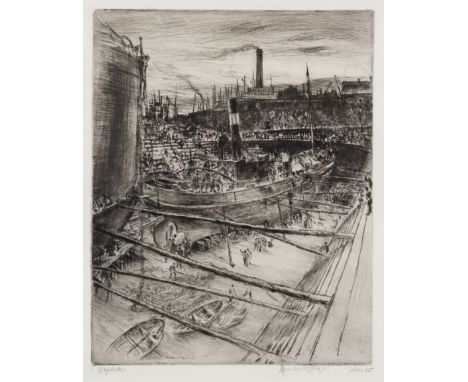 THE DRYDOCKSigned and numbered l.l. 'Muirhead Bone' set no. 25, signed and numbered on plate 'Muirhead Bone 99'Etching and dr