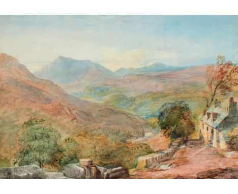 WELSH MOUNTAINOUS LANDSCAPE WITH FIGURES OUTSIDE A STONE COTTAGEPencil and watercolourImage size: 23 x 34cm. (9 x 13½in.)Fram