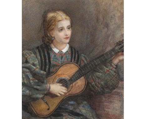 PORTRAIT OF A YOUNG LADY PLAYING GUITARWatercolour with gouache on paperImage size: 21 x 18cm. (8¼ x 7in.)Framed size: 40 x 3