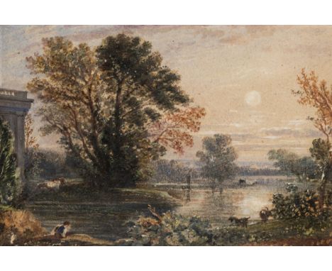 A LONE FIGURE BY A POOL AT SUNSET, WITH CLASSICAL RUINSBears inscription and pencil sketch to verso 'J. Varley'Watercolour he