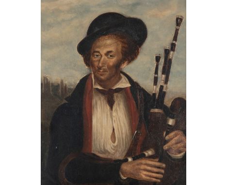PORTRAIT OF A MAN HOLDING THE SCOTTISH HIGHLAND BAGPIPESOil on panelImage size: 26 x 20.5cm. (10¼ x 8in.)Framed size: 42 x 37