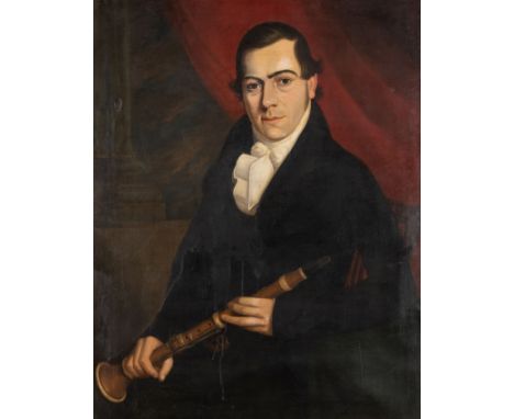PORTRAIT OF A GENTLEMAN HOLDING A CLARINETOil on canvasImage size: 90 x 70cm. (35½ x 27½in.)Framed size: 101 x 80cm. (39¾ x 3