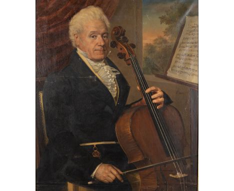 PORTRAIT OF A GENTLEMAN PLAYING THE CELLOSigned lower right margin 'h. Valton'Oil on canvasImage size: 97 x 79cm. (38 x 31in.