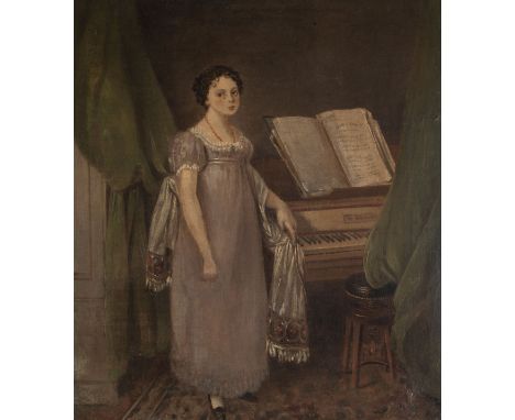 PORTRAIT OF A YOUNG GIRL BY A FORTEPIANOOil on canvasImage size: 33 x 29cm. (13 x 11½in.)Framed size: 45 x 41cm. (17¾ x 16in.