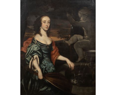PORTRAIT OF A YOUNG WOMAN HOLDING A THEORBO NEXT TO A MARBLE STATUEOil on canvasUnframedImage size: 124 x 98cm. (49 x 38¾in.)