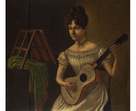 PORTRAIT OF A YOUNG LADY PLAYING THE GUITAROil on panelImage size: 25 x 28cm. (10 x 11in.)Framed size: 42 x 45.5cm. (16½ x 18