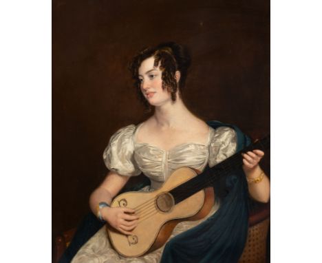 A PORTRAIT OF A LADY WITH A GUITAROil on canvas, set within the original frame.Image size: 74 x 69cm. (29 x 27in.)Framed size