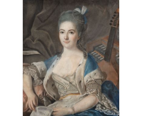 PORTRAIT OF A WOMAN BESIDE A FRENCH HARPSICHORDPastel and gouache on paperImage size: 77 x 61½cm. (30¼ x 24¼in.)Framed size: 