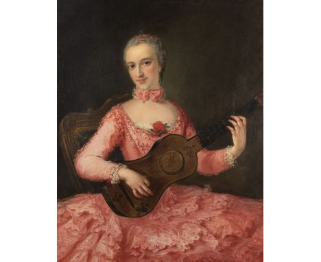 PORTRAIT OF A YOUNG WOMAN IN A PINK DRESS HOLDING A GUITAROil on canvasImage size: 91 x 71cm. (36 x 28in.)Framed size: 117 x 