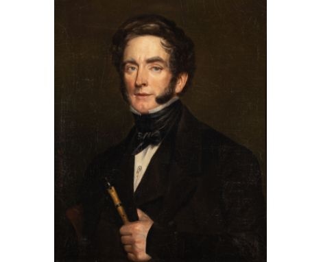 PORTRAIT OF A GENTLEMAN HOLDING A FRENCH FLAGEOLETSigned lower left margin 'G. Lahaviere'Oil on canvasImage size: 73 x 57cm. 