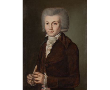 PORTRAIT OF A GENTLEMAN HOLDING A BIRD FLAGEOLETOil on canvasImage size: 64 x 46cm. (25¼ x 18in.)Framed size: 73.5 x 56cm. (2