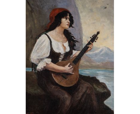 PORTRAIT OF A WOMAN PLAYING A CITTERN IN A COUNTRYSIDE SETTINGSigned and dated l.l.'Losie**ble 1919'Oil on canvasUnframedImag
