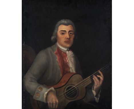 PORTRAIT OF A MUSICIAN HOLDING A FRENCH TEN STRING GUITAR OF THE 18TH CENTURYOil on canvasUnframedImage size: 69 x 57.5cm. (2