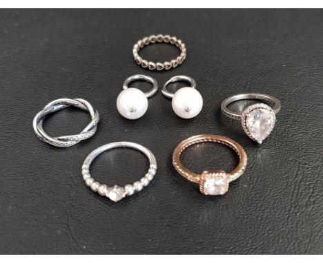 FIVE PANDORA RINGScomprising a Sparkling Teardrop Halo ring, a Sparkling Twisted Lines ring, a Band of Hearts ring, a Square 