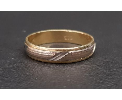 FOURTEEN CARAT GOLD WEDDING BANDin white and yellow gold and with engraved detail, ring size V-W and approximately 4.1 grams 