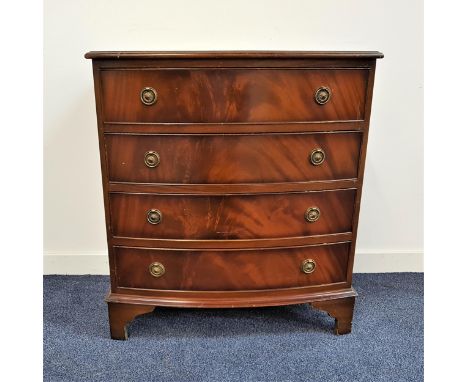 MAHOGANY BOW FRONT CHESTwith a moulded top above four cockbeaded drawers, standing on bracket feet, 85cm high 