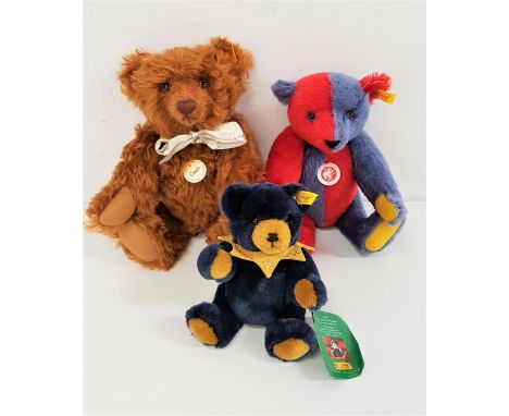 THREE STEIFF TEDDY BEARScomprising a harlequin bear (30cm high); a classic series brown mohair bear with growler (33cm high);