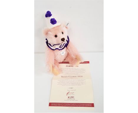 LIMITED EDITION STEIFF TEDDY CLOWN 1926 REPLICAin fine mohair with white clowns hat and ruff with violet pompoms and edging, 