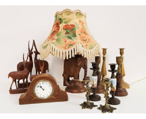 MIXED LOT OF COLLECTORS ITEMSincluding a teak elephant table lamp with a floral shade, 46cm high, four teak Impala, pair of b