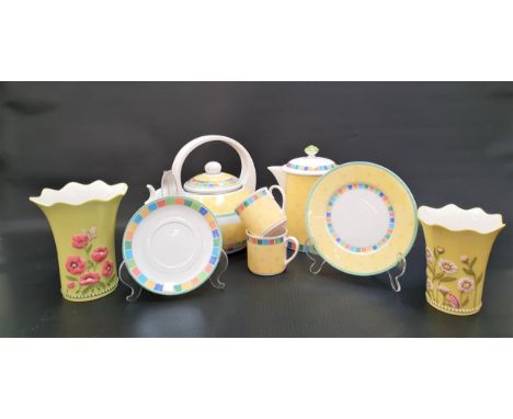 VILLEROY AND BOCH TEA/COFFEE WARESin Twist Alea Limone pattern, comprising a kettle, a coffee pot, two cups, saucers and plat