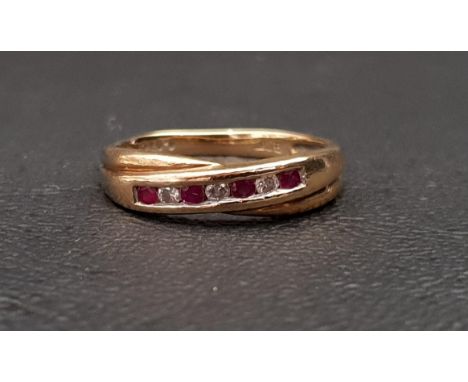 CHANNEL SET DIAMOND AND RUBY RINGthe diamonds totalling approximately 0.07cts, in nine carat gold with twist setting, ring si