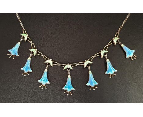 ATTRACTIVE ENAMEL AND SILVER NECKLACEwith seven enamel decorated bluebell drops on attached silver chain, marked 925S and wit