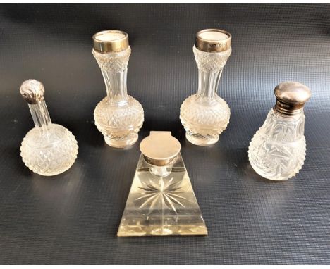 PAIR OF GLASS SPILL VASESwith silver collars, Birmingham 1900, two silver lidded glass scent bottles, Birmingham 1892 and 192