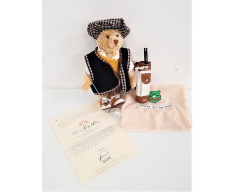 LIMITED EDITION STEIFF GOLFER TEDDY BEARin mohair, dressed in full golfing outfit and with golf bag containing three clubs, n